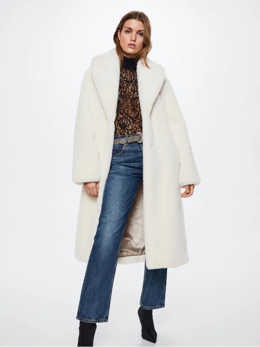 Mango Ivory Faux-Fur Long Coat
